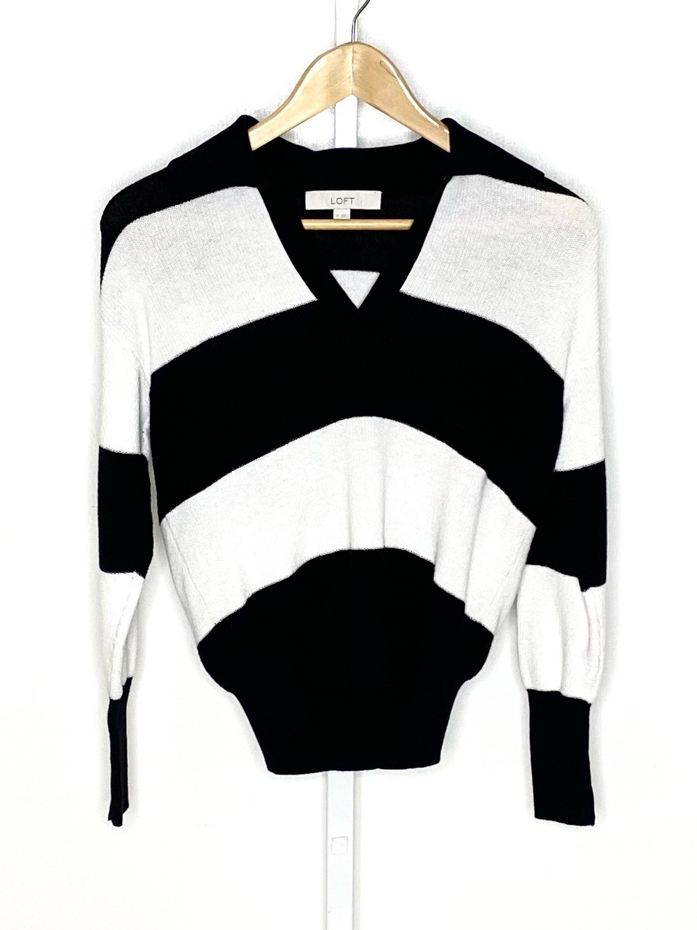 LOFT | Black & White Stripe Preppy Polo-Style Johnny Collar Cotton Sweater Sz XS